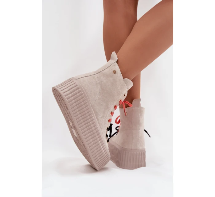 Dámské zateplené semišové trampky na masivní platformě GOE – béžové