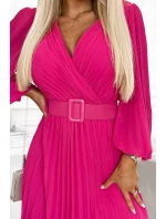 414-4 KLARA plisované šaty s páskem a výstřihem - FUKSY