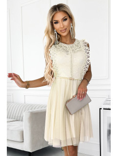 GRETA - Béžové dámské šaty s krajkou a zlatým opaskem 454-3