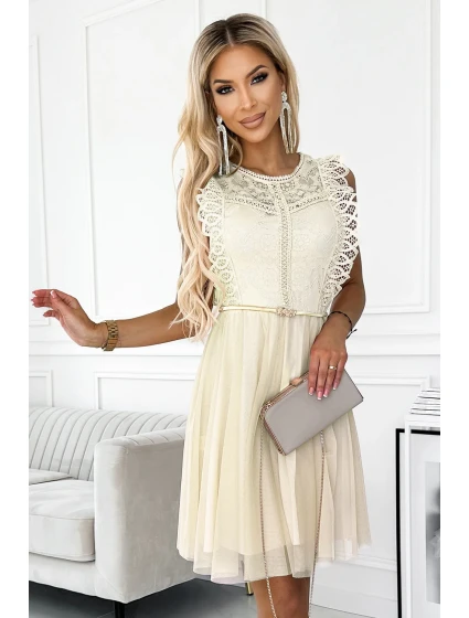 454-3 Šaty GRETA s krajkou a zlatým páskem - BEACH