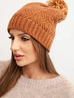 Dámská zimní čepice s vlnou ve zdobném pletení s bambulí K467 hnědá