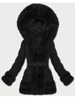 Elegantní černá bunda pro přechodné období s kožešinou model 21422869 - S'WEST