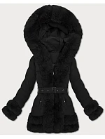 Elegantní černá bunda pro přechodné období s kožešinou model 21422869 - S'WEST