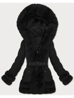 Elegantní černá bunda pro přechodné období s kožešinou model 21422869 - S'WEST