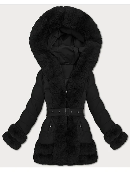 Elegantní černá bunda pro přechodné období s kožešinou model 21422869 - S'WEST