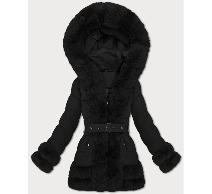 Elegantní černá bunda pro přechodné období s kožešinou model 21422869 - S'WEST