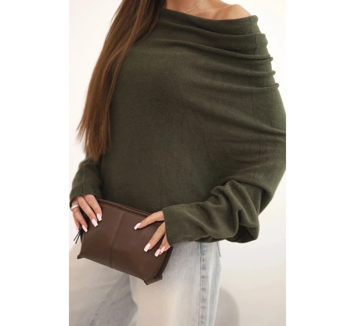 Dámský asymetrický model 21439194 svetr z viskózy khaki - K-Fashion