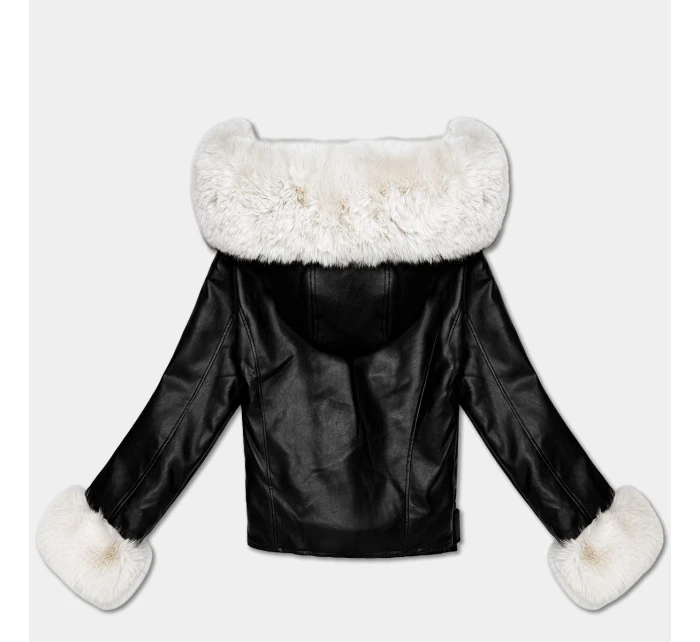 Černo/ecru dámská bunda ramoneska s kožešinovou kapucí (61M8506-392B)