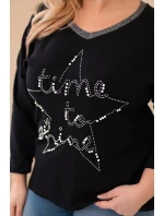 Dámská blůza Plus Size s nápisem a perlami černá