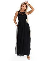 672-4 Romantické maxi šaty s vyšívanou krajkou a tylem - černé