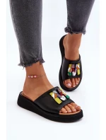 Dámské kožené žabky s ozdobou černé Asames