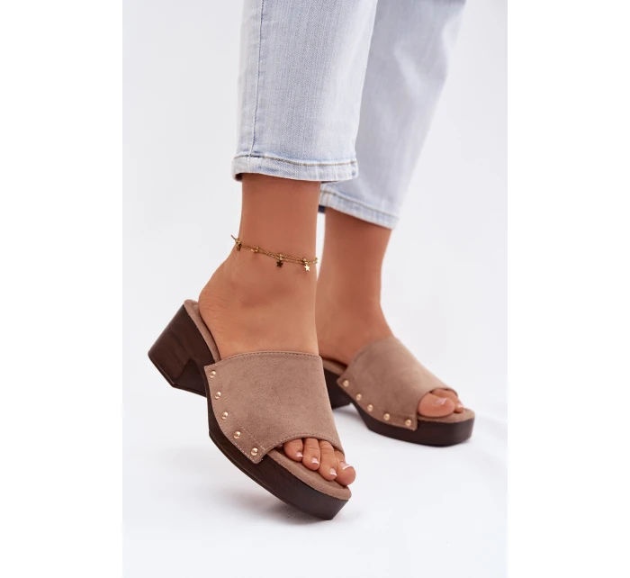 Dámské pantofle na klínku s zlatými sponami tmavě béžové Davessa