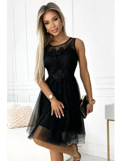 522-2 CATERINA Dámské šaty s gipure a jemným tylem - ČERNÁ