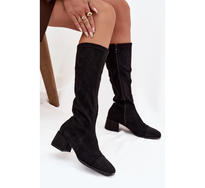 Dámské kozačky s ozdobou na ekokůže Černé model 21715301 - Boto