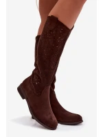 Dámské síťované kozačky na nízkém podpatku model 21998041 Čokoládové - S.Barski