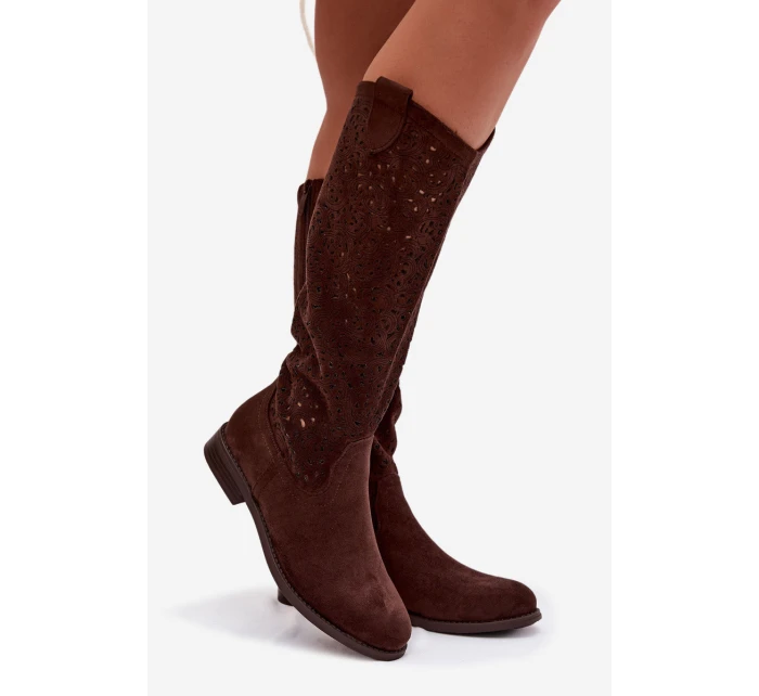 Dámské síťované kozačky na nízkém podpatku model 21998041 Čokoládové - S.Barski