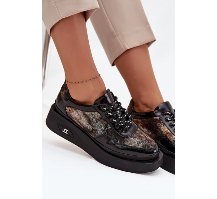 Dámské kožené šněrovací polobotky na platformě Artiker – černo/zlaté