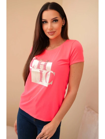 Dámské bavlněné tričko s potiskem CHIC růžový neon Dámské bavlněné tričko s potiskem CHIC růžový neon