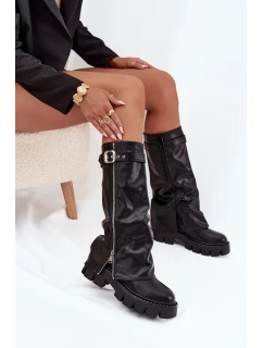 Dámské zateplené kozačky s vyhrnutou holení, přezkou a stříbrným zipem Armena – černé, eko semiš