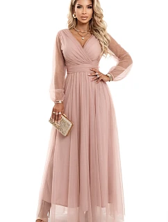 Dlouhé maxi šaty s rukávy a obálkovým výstřihem pudrově růžové model 22046066 - numoco basic