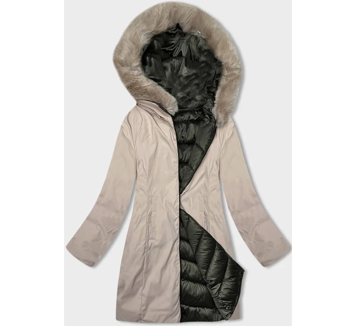 Khaki-béžová dámská oboustranná zimní bunda s kapucí (B8203-11046)
