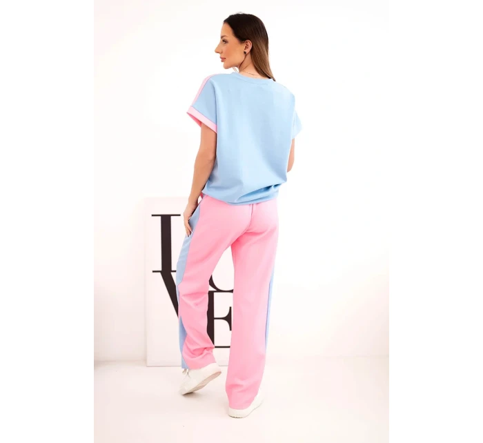 Dámský máslový komplet s oversize mikinou a širokými kalhotami světle růžová + modrá