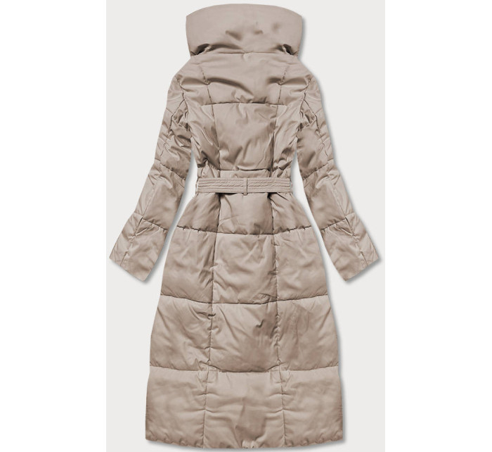 Světle béžový zimní dámský kabát s páskem (2M-061)