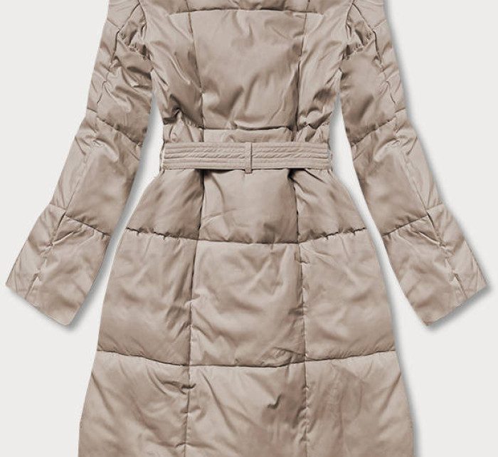 Světle béžový zimní dámský kabát s páskem (2M-061)