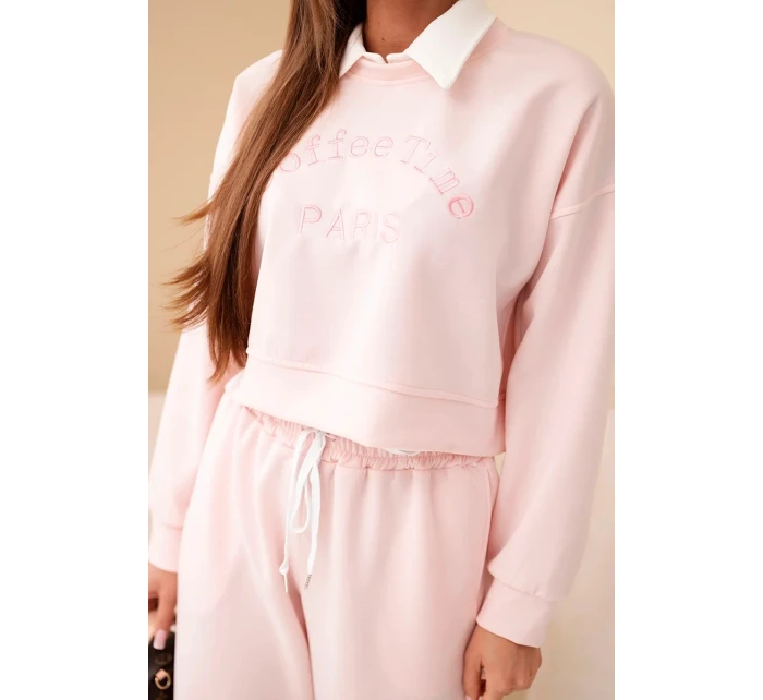 Dámský komplet máslová mikina s límečkem a jednoduché kalhoty pudrově růžový