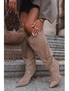 Dámské kozačky na jehlovém podpatku z ECO semiše Noretta – béžové