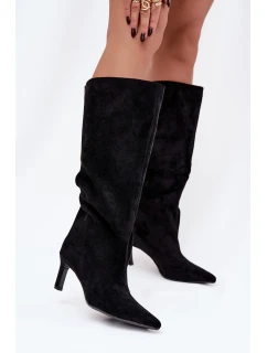 Dámské kozačky z eko semiše na jehlovém podpatku Phelin – černé