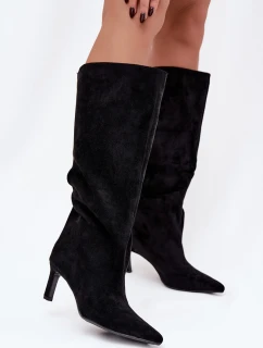 Dámské kozačky z eko semiše na jehlovém podpatku Phelin – černé