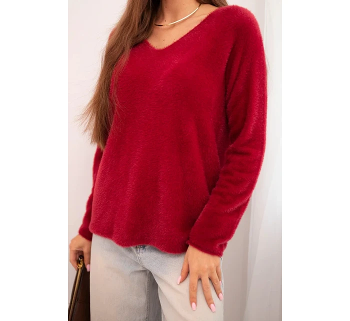 Dámský svetr z měkké pleteniny s výstřihem do V bordový Dámský svetr z měkké pleteniny s výstřihem do V bordový