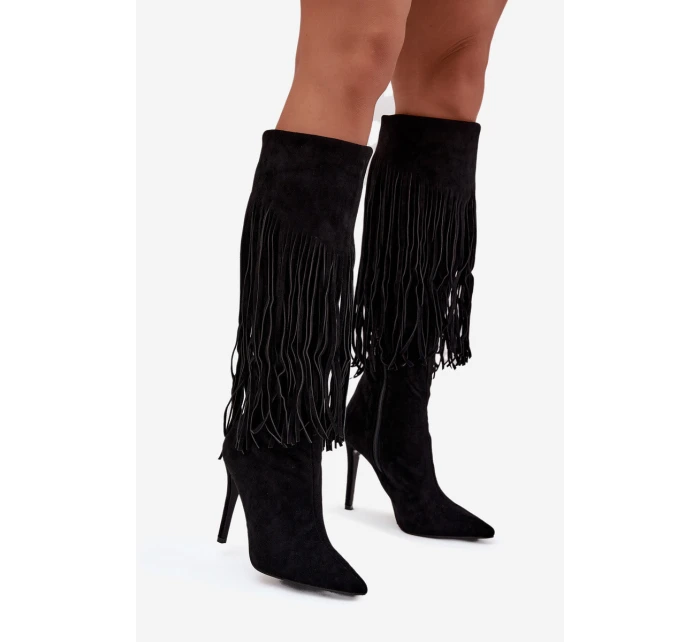 Dámské kozačky na jehlovém podpatku s třásněmi Isalune – černé Dámské kozačky na jehlovém podpatku s třásněmi Isalune – černé