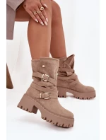 Dámské boty na podpatku s přezkami a páskem béžové model 21715455 - Boto