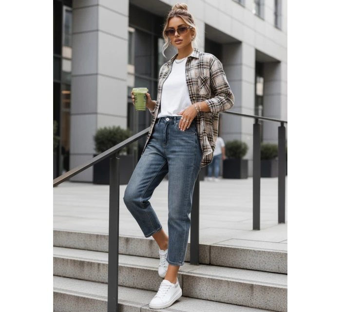 Jeansy damskie 7/8 mom fit z wysokim stanem niebieskie FashionStreet UY2905