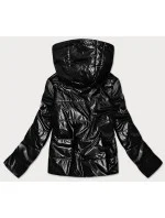 Lesklá černá dámská bunda s kapucí (B9575) Lesklá černá dámská bunda s kapucí (B9575)