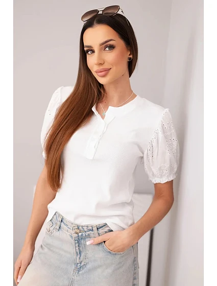 Dámská bavlněná žebrovaná halenka s model 22045169 rukávem a knoflíky bílá - K-Fashion