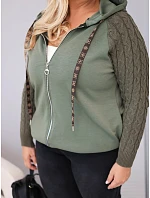 Dámská bavlněná mikina Plus Size s pletenými rukávy a kapucí khaki Dámská bavlněná mikina Plus Size s pletenými rukávy a kapucí khaki
