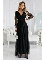 664-3 Dlouhé maxi šaty s tylovými rukávy a obálkovým výstřihem - černé 664-3 Dlouhé maxi šaty s tylovými rukávy a obálkovým výstřihem - černé