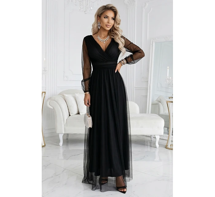 Dlouhé maxi šaty s rukávy a obálkovým výstřihem černé model 22045481 - numoco basic