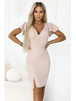 model 22112271 NINA elegantní šaty s obálkovým výstřihem, rukávy a páskem béžové se třpytkami - numoco