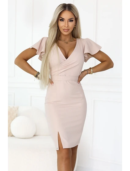 model 22112271 NINA elegantní šaty s obálkovým výstřihem, rukávy a páskem béžové se třpytkami - numoco