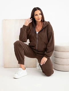 Dámský žebrovaný viskózový komplet s mikinou s kapucí a kalhotami hnědý