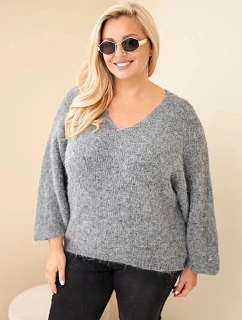 Dámský svetr Plus Size s výstřihem do V a širokým rukávem šedý