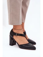 Kožené Lodičky Na Podpatku S Přezkou model 21691328 Černé - VINCEZA