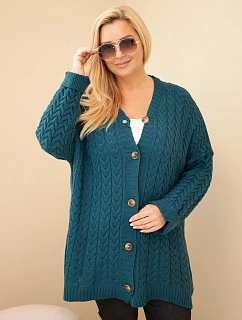 Dámský kardigan Plus Size s knoflíky a copánkovým vzorem modrý morský