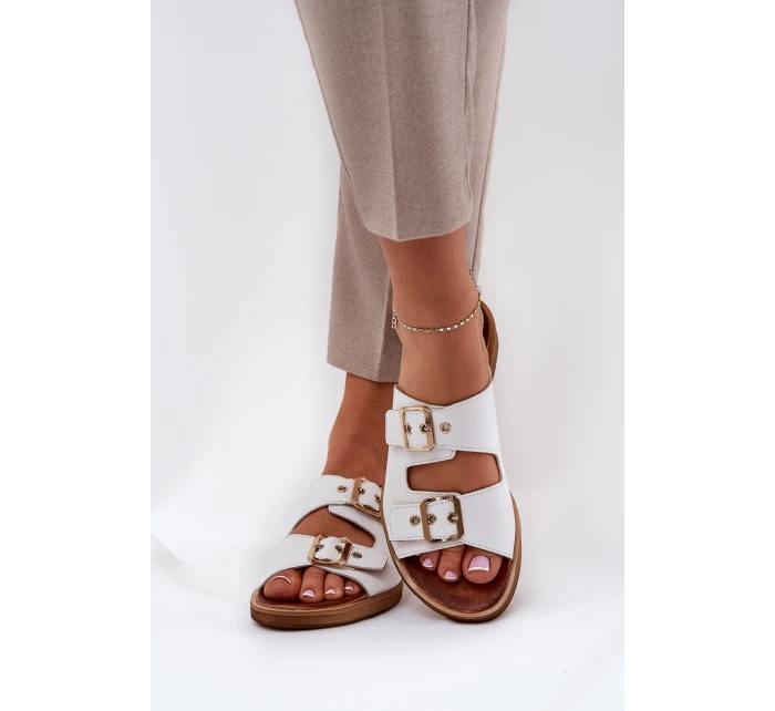 Kožené Ploché Sandály S Přezkami Bílé Zazoo 3020