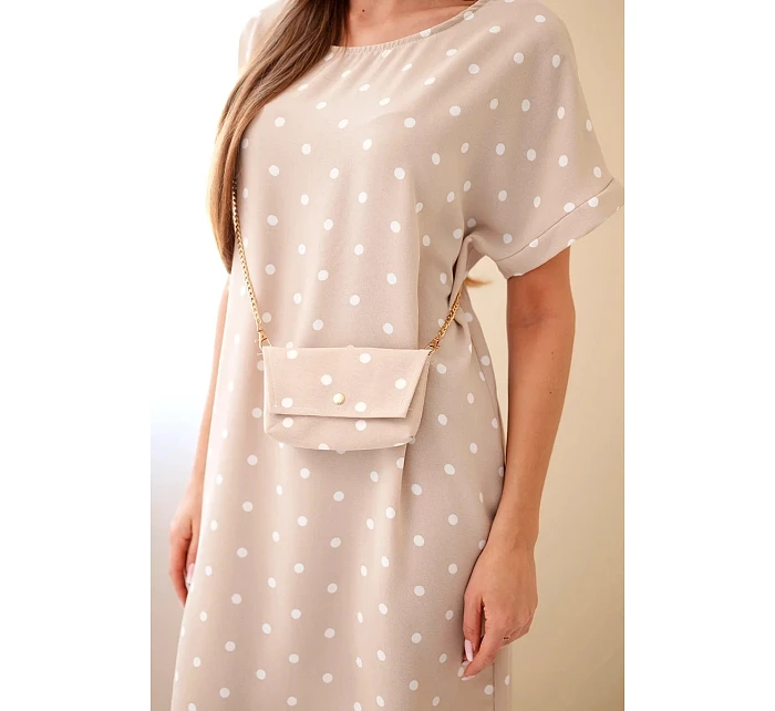 Dámské šaty s puntíky s krátkým rukávem a kabelkou béžové Dámské šaty s puntíky s krátkým rukávem a kabelkou béžové