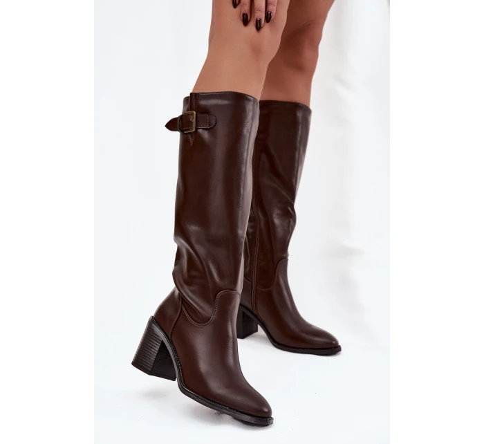 Dámské kotníkové boty Brenira na sloupkovém podpatku se sponou – čokoládové